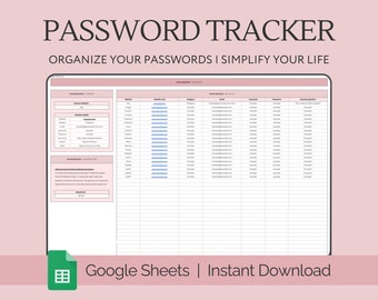 Password Tracker Spreadsheet Google Sheets, Password Keeper, Password Digital, Password Manager, Password Log Template, Accounts Tracker