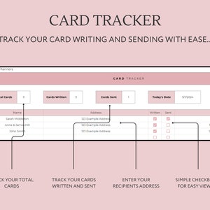 May include: A pink and white printable card tracker with checkboxes for tracking cards written and sent. The tracker includes sections for total cards, cards written, cards sent, today's date, name, address, written, sent, and notes.
