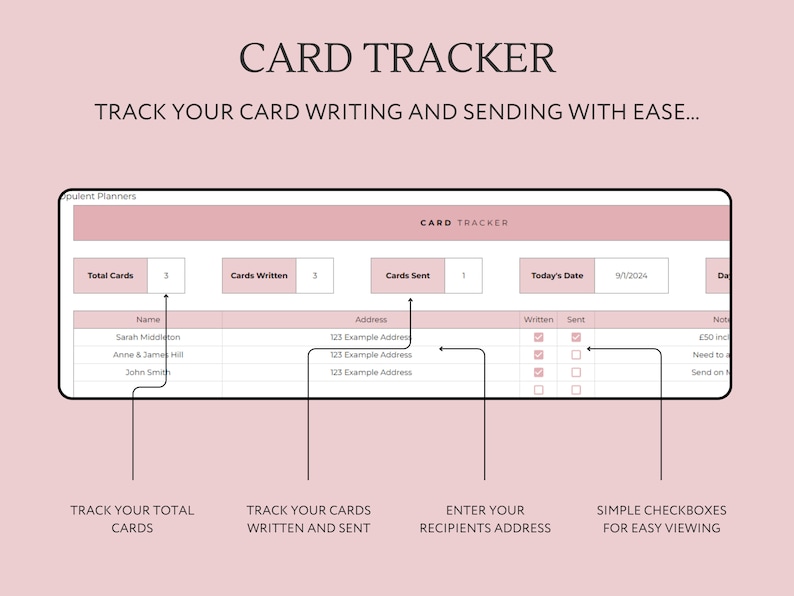 May include: A pink and white printable card tracker with checkboxes for tracking cards written and sent. The tracker includes sections for total cards, cards written, cards sent, today's date, name, address, written, sent, and notes.