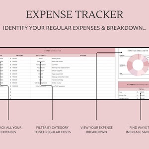 Pu&ograve; includere: Un tracker di spese rosa e bianco con una griglia per registrare date, importi, categorie e note. Il tracker include anche un grafico a torta e una tabella per visualizzare le spese per categoria.