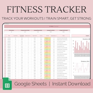 Könnte beinhalten: Eine rosa und weiße Google Sheet-Vorlage zum Verfolgen von Fitness-Workouts. Die Tabelle enthält Spalten für Datum, Uhrzeit, Distanz, Dauer, Notizen und Intensität. Die Tabelle enthält auch Diagramme zur Visualisierung von Trainingsdaten. Der Text "FITNESS TRACKER" befindet sich oben auf der Tabelle. Der Text "TRACK YOUR WORKOUTS | TRAIN SMART, GET STRONG" befindet sich unter dem Titel. Der Text "Google Sheets | Instant Download" befindet sich unten auf der Tabelle.