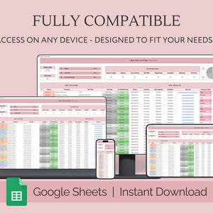 May include: A screenshot of a Google Sheet template for job applications. The template is designed to be used on any device and includes sections for job details, company information, and application tracking. The template is available for instant download.