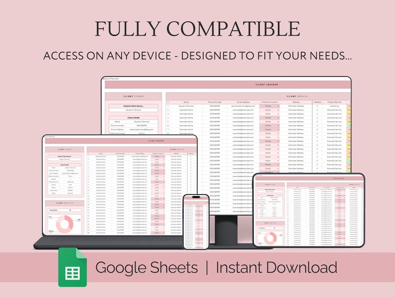 May include: A screenshot of a Google Sheet template for a client tracker. The template is designed to be used on any device and includes sections for client information, appointments, and notes. The template is available for instant download.