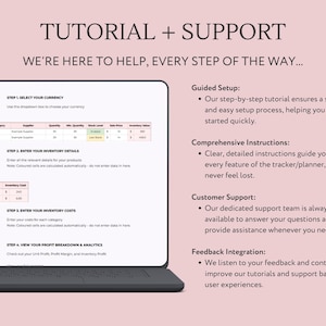 May include: A screenshot of a computer screen showing a tutorial for a business inventory tracker. The tutorial includes steps for selecting currency, entering inventory details, entering inventory costs, and viewing profit breakdowns and analytics. The text on the screen says "Tutorial + Support" and "We're here to help, every step of the way..."