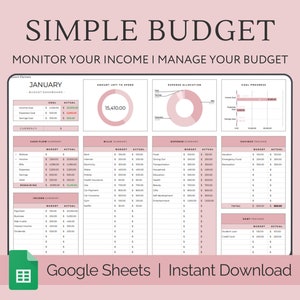 Op de afbeelding: Een roze en witte Google Sheet-sjabloon voor een eenvoudig budget. De sheet bevat secties voor inkomsten, uitgaven, rekeningen, besparingen en schulden. De sheet is getiteld "Januari" en bevat de tekst "SIMPLE BUDGET" en "MONITOR YOUR INCOME | MANAGE YOUR BUDGET".
