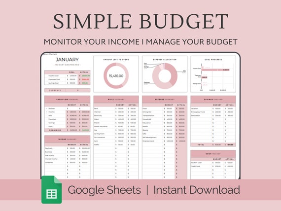 Ultimate Monthly Budget Planner Spreadsheet for Google Sheets, Paycheck Budget Tracker Template, Savings Debt Expense Goal Finances Tracker