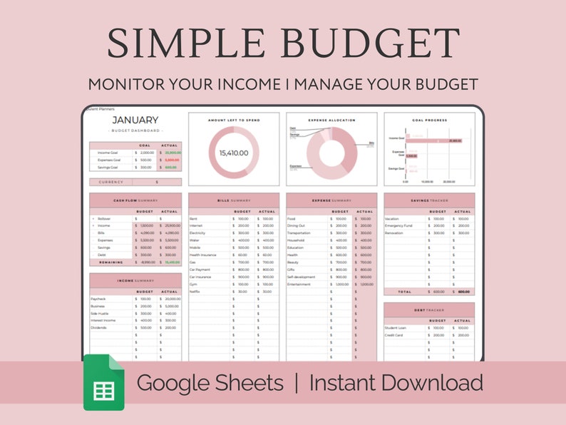 Pu&ograve; includere: Un modello di foglio di calcolo Google rosa e bianco per un budget semplice. Il foglio include sezioni per entrate, spese, bollette, risparmi e debiti. Il foglio &egrave; intitolato "Gennaio" e include il testo "SIMPLE BUDGET" e "MONITOR YOUR INCOME | MANAGE YOUR BUDGET".