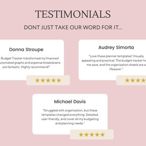 Pu&ograve; includere: Tre testimonianze di clienti su uno sfondo rosa. Ogni testimonianza &egrave; in un riquadro bianco con una valutazione a stelle dorate. La prima testimonianza &egrave; di Donna Stroupe, la seconda di Audrey Simorta e la terza di Michael Davis.
