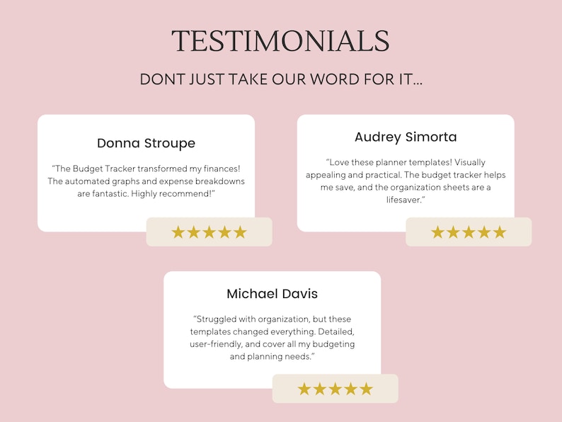 Pu&ograve; includere: Tre testimonianze di clienti su uno sfondo rosa. Ogni testimonianza &egrave; in un riquadro bianco con una valutazione a stelle dorate. La prima testimonianza &egrave; di Donna Stroupe, la seconda di Audrey Simorta e la terza di Michael Davis.