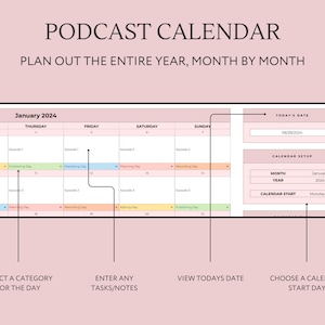 Op de afbeelding: Een roze en witte digitale kalendertemplate voor het plannen van een podcast. De kalender is voor januari 2024 en bevat secties voor plannings-, marketing-, opname-, bewerkings- en publicatiedagen. De template bevat ook een sectie voor het invoeren van taken en notities.