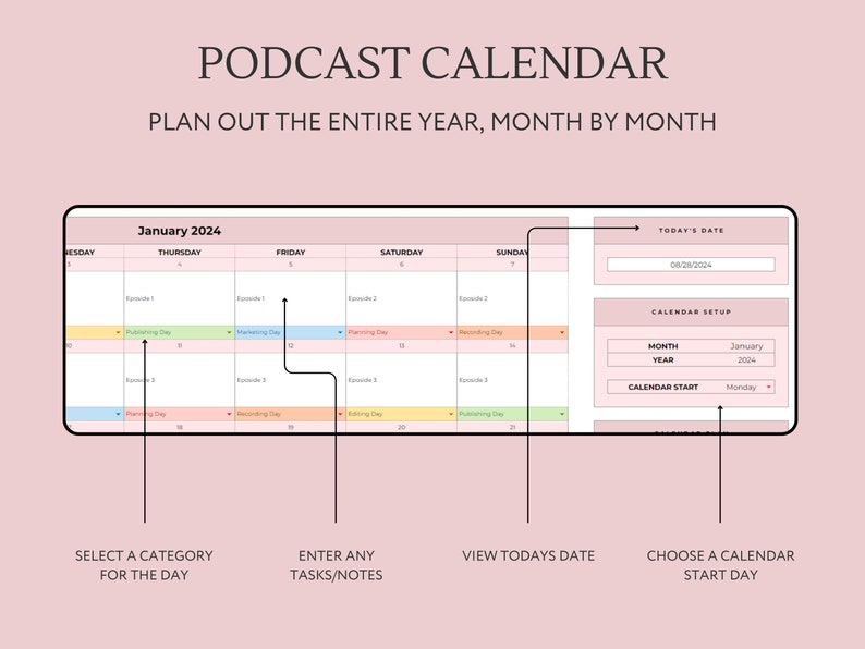 Op de afbeelding: Een roze en witte digitale kalendertemplate voor het plannen van een podcast. De kalender is voor januari 2024 en bevat secties voor plannings-, marketing-, opname-, bewerkings- en publicatiedagen. De template bevat ook een sectie voor het invoeren van taken en notities.