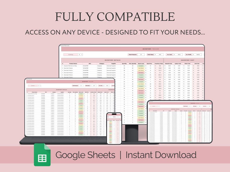May include: A screenshot of a Google Sheets spreadsheet with the title "Inventory Tracker". The spreadsheet is divided into columns with headings such as "Product Name", "SKU", "Category", "Quantity", "Back Stock", "Sales Price", "Inventory Cost", and "Total Cost". The spreadsheet is displayed on a laptop, tablet, and smartphone, demonstrating its compatibility across devices. The text "Google Sheets | Instant Download" is displayed below the image.
