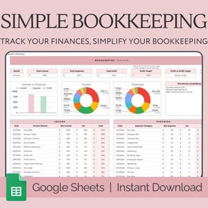 Könnte beinhalten: Eine rosa und grüne Google Sheet-Vorlage für einfache Buchhaltung. Die Tabelle enthält einen "Buchhaltungstracker" mit Abschnitten für Einnahmen, Ausgaben und Gewinn. Die Tabelle enthält auch einen Abschnitt "Ziele/Notizen für diesen Monat". Die Tabelle ist mit "Einfache Buchhaltung" betitelt und enthält den Text "Verfolgen Sie Ihre Finanzen, vereinfachen Sie Ihre Buchhaltung".