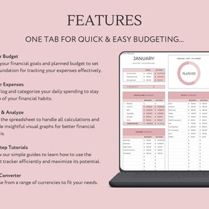 Pu&ograve; includere: Uno schermo di laptop che mostra un foglio di calcolo di budget con uno sfondo rosa. Il foglio di calcolo include sezioni per entrate, spese, bollette e flusso di cassa. Il foglio di calcolo &egrave; intitolato "Pannello di budget di gennaio" e mostra un budget residuo di 15.410,00 &euro;.