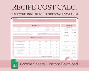 Recipe Cost Calculator for Cooking & Baking, Google Sheets Excel, Recipe Price, Recipe Spreadsheet, Profit Calculator, Food Cost, Food Price