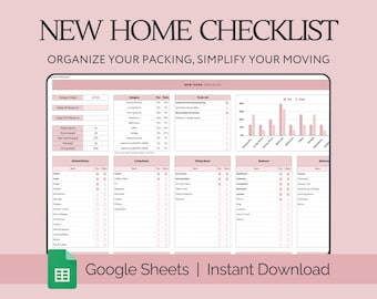New Home Checklist Template, Moving Planner, Inventory Tracker, First Apartment List, Moving Binder, Home Essentials Interior, Google Sheets