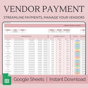 Monitoraggio dei pagamenti dei fornitori per matrimoni, Fogli di calcolo per matrimoni, Modello di pianificazione per matrimoni, Fogli Google, Monitoraggio matrimoni, Programma di deposito dei fornitori