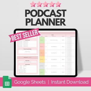 Podcast Planner Template Google Sheets Spreadsheet, Digital Content Planner Calendar, Podcast Script Episode Checklist, Listener Metrics