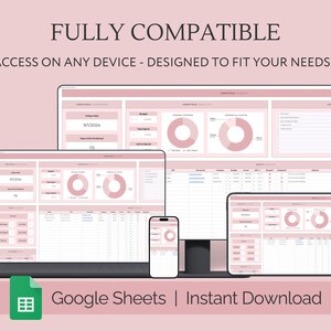May include: A screenshot of a Google Sheets spreadsheet on a computer, tablet, and phone. The spreadsheet is designed for Christmas budgeting and includes sections for budget, spending, and gift ideas. The text "FULLY COMPATIBLE" and "ACCESS ON ANY DEVICE - DESIGNED TO FIT YOUR NEEDS..." is displayed at the top of the image. The text "Google Sheets | Instant Download" is displayed at the bottom of the image.