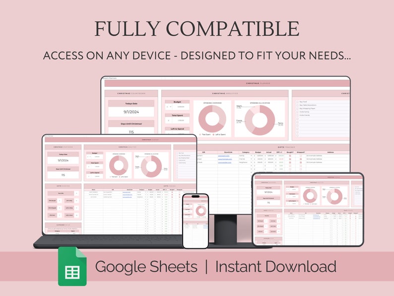 May include: A screenshot of a Google Sheets spreadsheet on a computer, tablet, and phone. The spreadsheet is designed for Christmas budgeting and includes sections for budget, spending, and gift ideas. The text "FULLY COMPATIBLE" and "ACCESS ON ANY DEVICE - DESIGNED TO FIT YOUR NEEDS..." is displayed at the top of the image. The text "Google Sheets | Instant Download" is displayed at the bottom of the image.