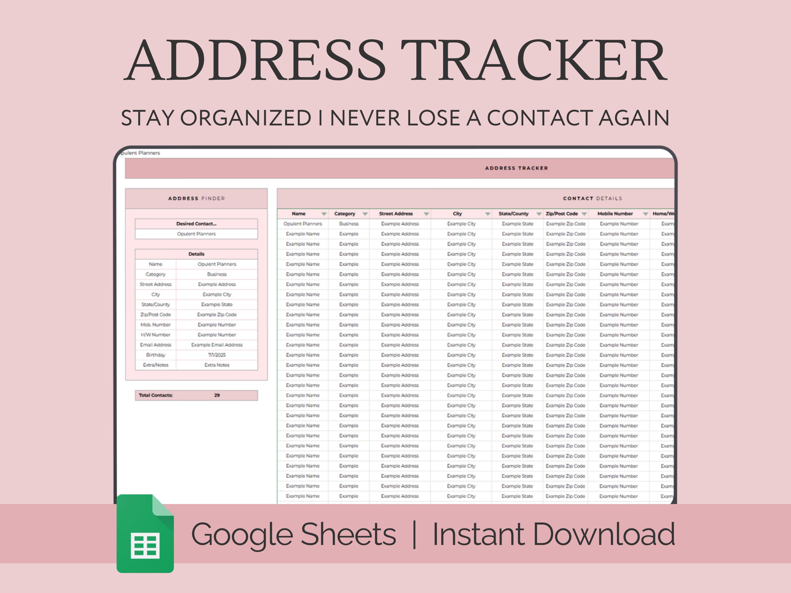 Address Tracker Book, Address Sheet, Contact List, Google Sheets, Contact Organizer, Emergency List, Client Tracker, Contact Information Log