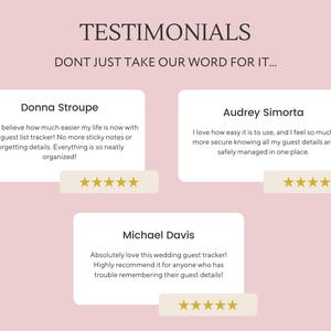 May include: Three customer testimonials for a wedding guest list tracker. The testimonials highlight the ease of use, security, and organization features of the tracker. Each testimonial includes a five-star rating.