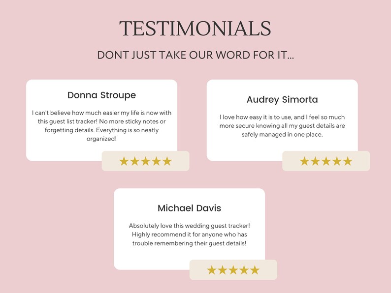 May include: Three customer testimonials for a wedding guest list tracker. The testimonials highlight the ease of use, security, and organization features of the tracker. Each testimonial includes a five-star rating.