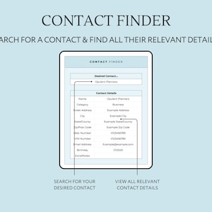 May include: A contact finder app interface with a search bar and a table displaying contact details. The search bar says "Desired Contact..." and the table has columns for "Name", "Category", "Address", "City", "State/County", "Zip/Post Code", "Mob Number", "WW Number", "Email Address", "Birthday", and "Extra Notes".