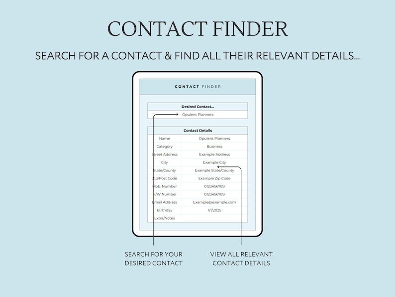 May include: A contact finder app interface with a search bar and a table displaying contact details. The search bar says "Desired Contact..." and the table has columns for "Name", "Category", "Address", "City", "State/County", "Zip/Post Code", "Mob Number", "WW Number", "Email Address", "Birthday", and "Extra Notes".