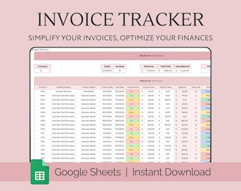 May include: A screenshot of a Google Sheet spreadsheet with the title "Invoice Tracker" and the text "Simplify your invoices, optimize your finances". The spreadsheet is used to track invoices, including invoice number, client company, contact details, invoice date, due date, invoice amount, amount paid, balance, and days left. The spreadsheet is color-coded to indicate the status of each invoice.
