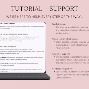 Pu&ograve; includere: Uno screenshot di uno schermo di computer che mostra un tutorial per un tracker di budget. Il tutorial include i passaggi per cambiare valuta, inserire importi di rollover e inserire entrate. Lo schermo include anche informazioni su configurazione guidata, istruzioni complete, assistenza clienti e integrazione del feedback.
