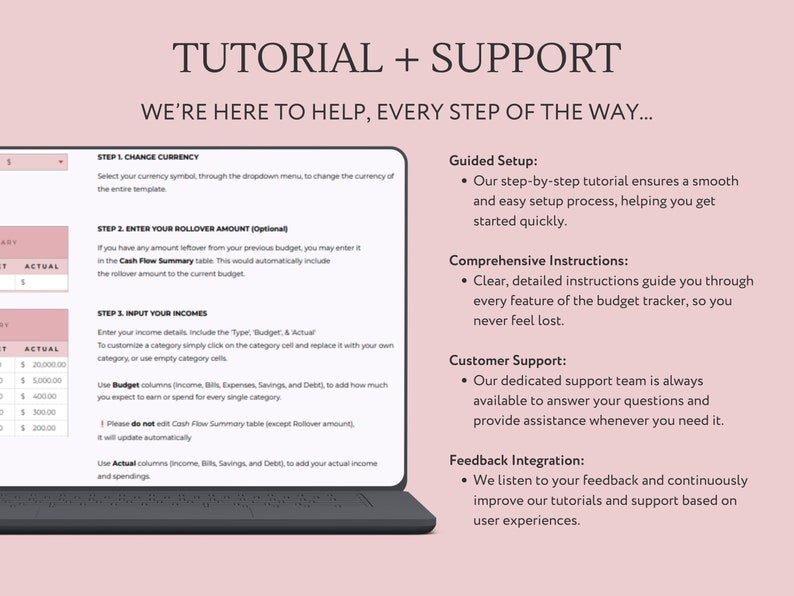 Pu&ograve; includere: Uno screenshot di uno schermo di computer che mostra un tutorial per un tracker di budget. Il tutorial include i passaggi per cambiare valuta, inserire importi di rollover e inserire entrate. Lo schermo include anche informazioni su configurazione guidata, istruzioni complete, assistenza clienti e integrazione del feedback.