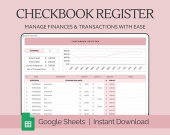 Digital Checkbook Bill Tracker Payment Checklist Spending Tracker Finance Google Sheets Checkbook Register Credit Card Balance Expense Log