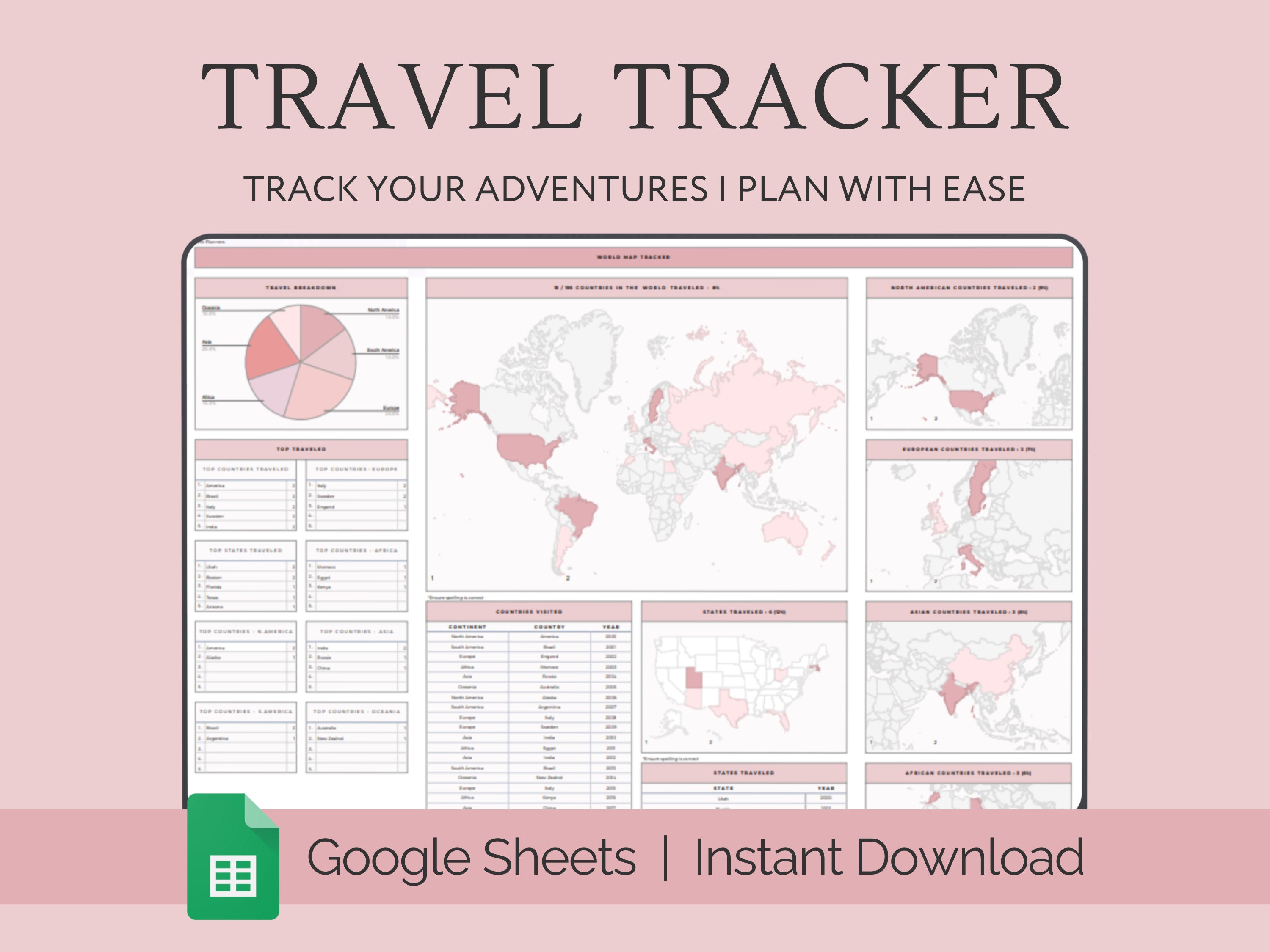 Travel Tracker Spreadsheet Google Sheets Digital World Map Planner for Travel Itinerary Digital Holiday Organizer Travel Budget Packing List