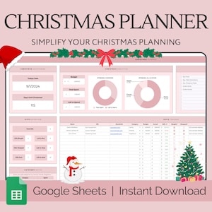 May include: A pink and white Christmas planner template for Google Sheets. The template includes sections for budgeting, gift tracking, and to-do lists. The image also includes a snowman and a Christmas tree.