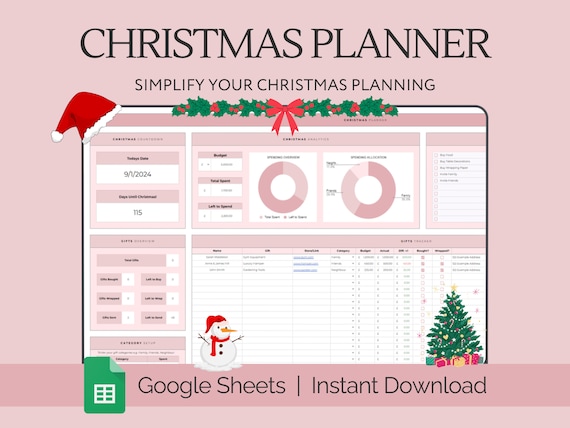 Christmas Gift Tracker Planner Google Sheets Spreadsheet, Christmas Budget, Stocking Tracker, Holiday Gift Itinerary, X-mas Shopping Planner