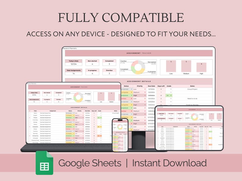 Peut inclure: Un mod&egrave;le de feuille de calcul Google rose et blanc pour le suivi des affectations. Le mod&egrave;le comprend des sections pour la date du jour, le nombre total d'affectations, le suivi des affectations, les d&eacute;tails des affectations et les notes. Le mod&egrave;le est enti&egrave;rement compatible avec tous les appareils.