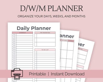 May include: Printable daily, weekly, and monthly planner pages. The daily planner page has sections for schedule, top priorities, and a to-do list. The weekly planner page has sections for Saturday and Sunday. The monthly planner page has sections for priorities.