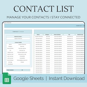Contact List, Google Sheets, Address Book, Address Sheet, Contact Organizer, Emergency List, Client Tracker, Contact Information Digital Log