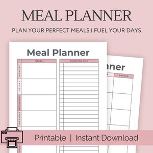 Planificador de comidas semanal con lista de compras, plantilla imprimible, plan de menú de 7 días, planificador de comidas, salud y fitness, A4/A5/carta/media página