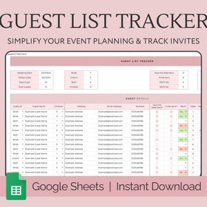 May include: A pink and white Google Sheet template for tracking wedding guests. The sheet includes columns for guest name, address, email, phone number, RSVP status, and table assignment. The text "GUEST LIST TRACKER" and "Google Sheets | Instant Download" is visible at the top and bottom of the sheet.