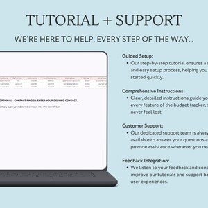 May include: A screenshot of a computer screen showing a website with a tutorial and support information. The website has a light blue background with white text. The text says "Tutorial + Support" and "We're here to help, every step of the way..." The website also has a section called "Guided Setup", "Comprehensive Instructions", "Customer Support", and "Feedback Integration".