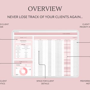 May include: A computer screen displaying a spreadsheet with a pink background. The spreadsheet is divided into sections labeled "Client Finder", "Client Tracker", and "Client Analytics". The spreadsheet is used to track client information, including name, website, priority, and status.