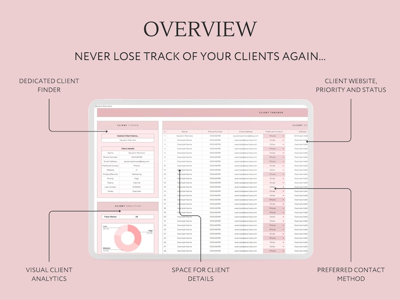 May include: A computer screen displaying a spreadsheet with a pink background. The spreadsheet is divided into sections labeled "Client Finder", "Client Tracker", and "Client Analytics". The spreadsheet is used to track client information, including name, website, priority, and status.