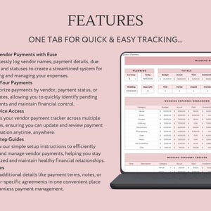 May include: A laptop computer screen displaying a wedding budget tracker spreadsheet. The spreadsheet includes columns for budget, actual, paid, outstanding, due date, and days left. The spreadsheet is organised by category, such as venue, dress, catering, photography, music, and more. The spreadsheet is designed to help users track their wedding expenses and stay on budget.