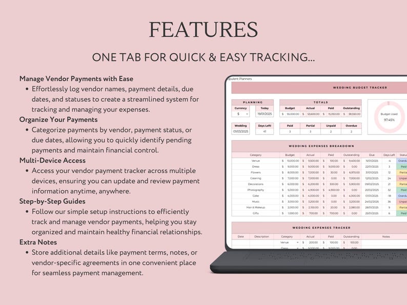 May include: A laptop computer screen displaying a wedding budget tracker spreadsheet. The spreadsheet includes columns for budget, actual, paid, outstanding, due date, and days left. The spreadsheet is organised by category, such as venue, dress, catering, photography, music, and more. The spreadsheet is designed to help users track their wedding expenses and stay on budget.
