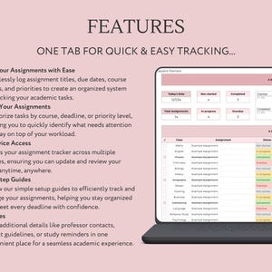 Peut inclure: L'&eacute;cran d'un ordinateur portable affichant une application de planification &eacute;tudiante avec un fond rose. L'application pr&eacute;sente un tableau de bord avec des d&eacute;tails sur les devoirs, y compris la classe, le nom du devoir, le statut, la priorit&eacute; et la date d'&eacute;ch&eacute;ance. L'application comprend &eacute;galement un suivi des devoirs termin&eacute;s, en cours et en retard.