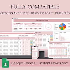 May include: A pink and white Google Sheets spreadsheet template for wedding budget tracking. The spreadsheet includes sections for planning, totals, breakdown, and guest list details. The template is fully compatible with any device and can be downloaded instantly.