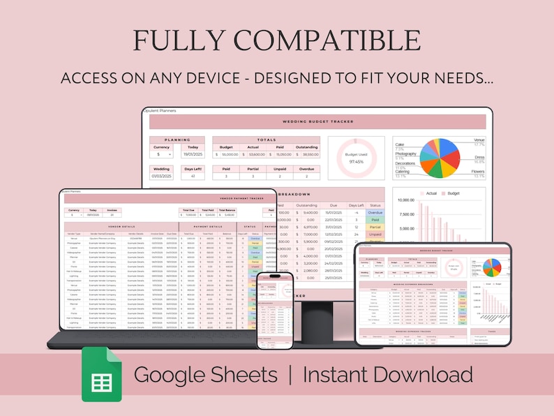 May include: A pink and white Google Sheets spreadsheet template for wedding budget tracking. The spreadsheet includes sections for planning, totals, breakdown, and guest list details. The template is fully compatible with any device and can be downloaded instantly.