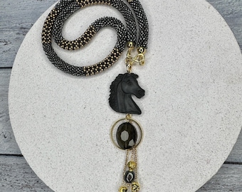 Black Beaded Necklace with Horse Pendant & Pearl Accents, Custom Horse Necklace, Horse Gift, horse lover gift, Fashion Horse Necklace
